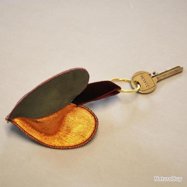 Porte-cl crateur amour triple coeur en cuir d'agneau orange mtallique kaki et gris