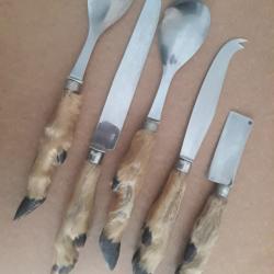5 ancien couvert a decoupe service inox manche en pattes de chevreuil collection chasse vintage