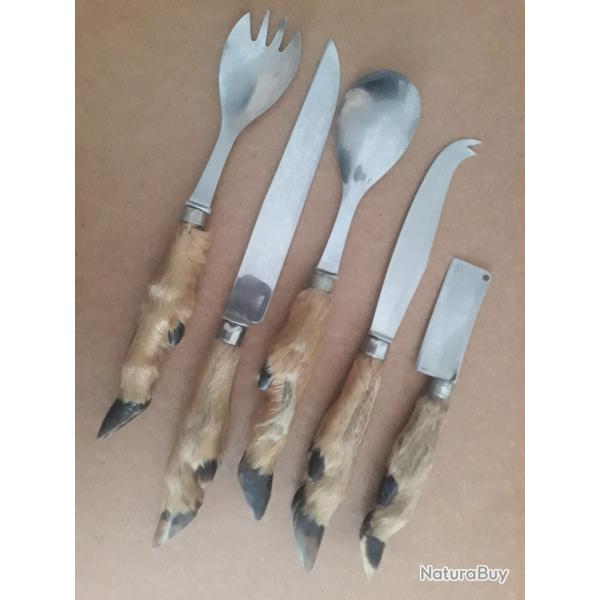 5 ancien couvert a decoupe service inox manche en pattes de chevreuil collection chasse vintage
