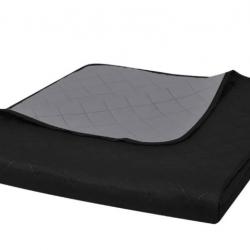 Couvre lit double face matelassé noir gris 230x260 cm microfibre coton chaud hiver