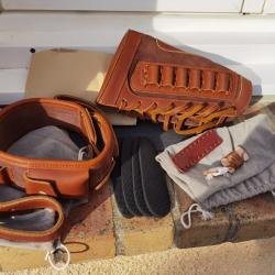 Bretelle et protection de crosse porte cartouches en cuir pour carabine chasse type winchester