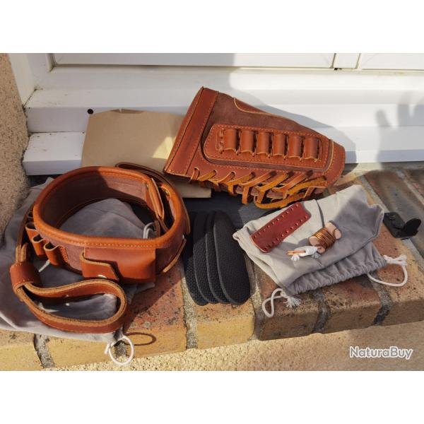 Bretelle et protection de crosse porte cartouches en cuir pour carabine chasse type winchester