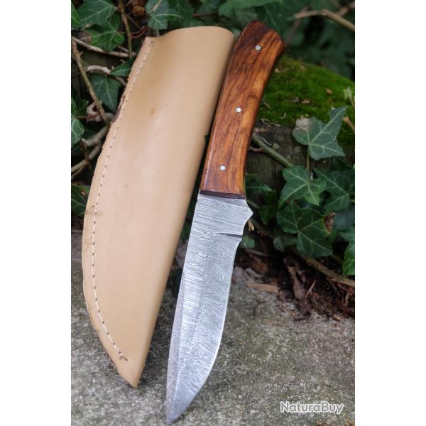 Couteau Skinner Damas Lame Acier 256 Couches Manche Bois Rosewood Etui Simili Cuir Fab Artisanale