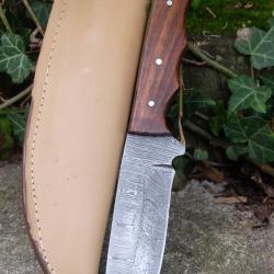 Couteau Bowie Damas Lame Acier 256 Couches Manche Bois Rosewood Etui Simili Cuir Fab Artisanale