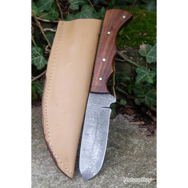 Couteau Bowie Damas Lame Acier 256 Couches Manche Bois Rosewood Etui Simili Cuir Fab Artisanale