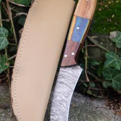 Couteau De Cuisine & Rando Bec D'oiseau Lame Acier Damas 256 Couches Manche Bois Etui Fab Artisanale