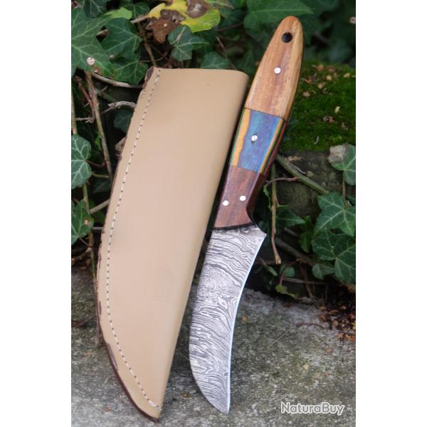 Couteau De Cuisine & Rando Bec D'oiseau Lame Acier Damas 256 Couches Manche Bois Etui Fab Artisanale