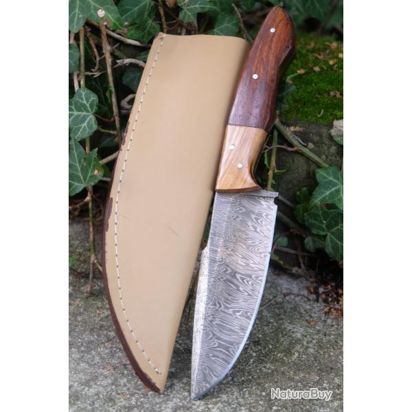 Couteau Skinner Damas Lame Harpoon Acier 256 Couches Manche 2 Bois Etui Cuir Fabric Artisanale