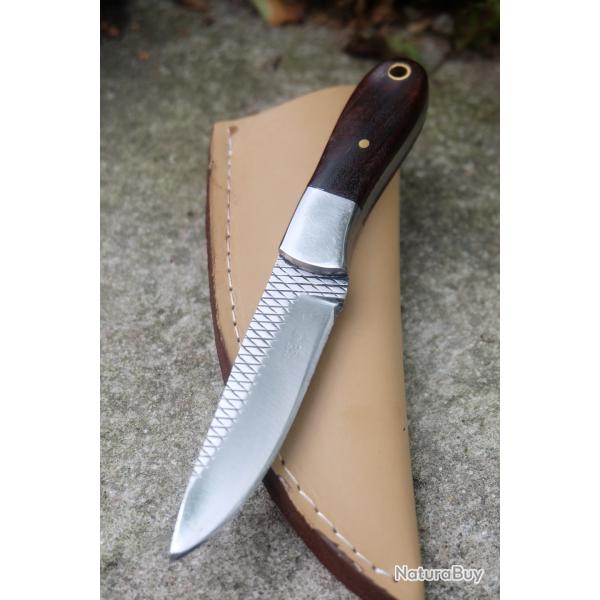 Couteau Skinner de Poche Lame Acier Carbone Manche Micarta Etui Simili Cuir Fab Artisanale