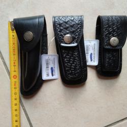 A SAISIR - 3 étuis de ceinture en cuir noir pour couteaux pliants NEUFS
