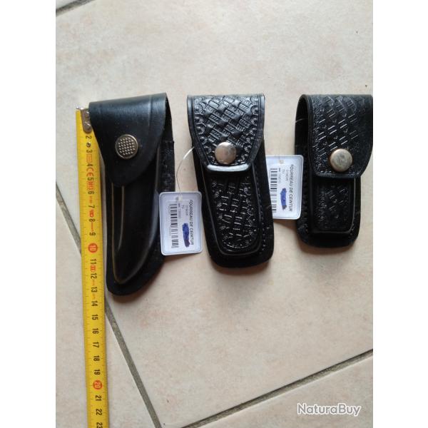 A SAISIR - 3 étuis de ceinture en cuir noir pour couteaux pliants NEUFS