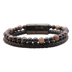 Bracelet Homme Cuir Noir Véritable & Pierres Naturelles Oeil de Tigre et Onyx Grade A - Stock France