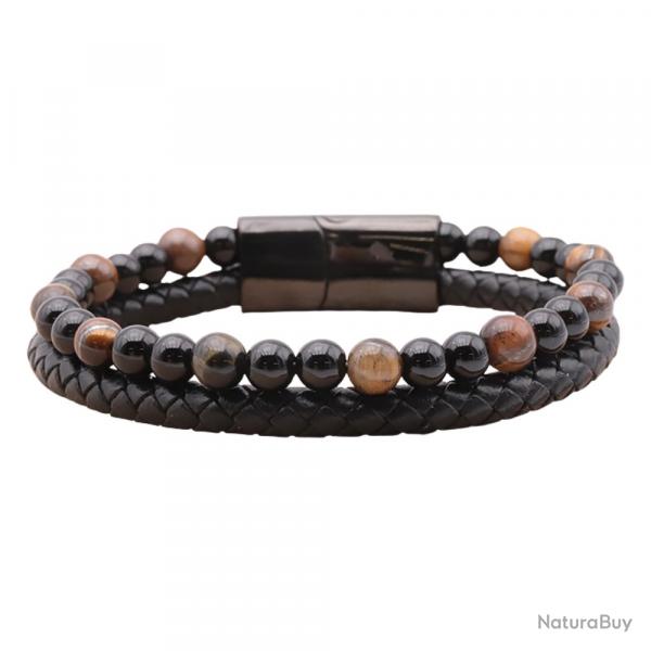 Bracelet Homme Cuir Noir Véritable & Pierres Naturelles Oeil de Tigre et Onyx Grade A - Stock France