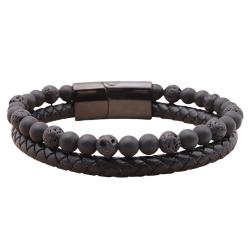 Bracelet Homme Cuir Noir Véritable & Pierres Naturelles Shungite et Pierre de Lave Grade A - France