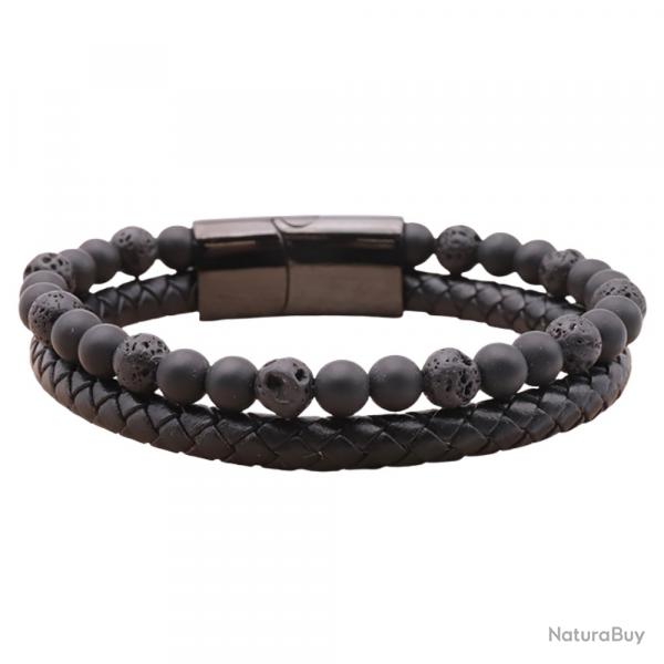 Bracelet Homme Cuir Noir Véritable & Pierres Naturelles Shungite et Pierre de Lave Grade A - France
