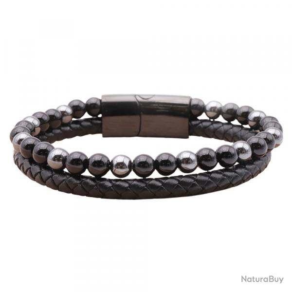 Bracelet Homme Cuir Noir Véritable & Pierres Naturelles Hématite et Onyx Grade A - Stock France