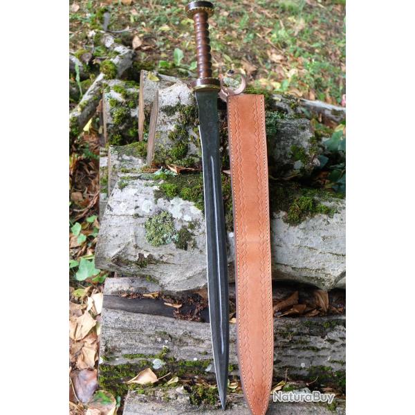 Epe Glaive Empereur Romain Lame Damas 512 Couches Forge Manche Bois/Laiton Etui Cuir F Artisanale