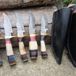 LOT DE 5 Couteau Skinner Damas Lame 256 Couches Manche Os & Bois Cerf Fabric Artisanale Etui Cuir