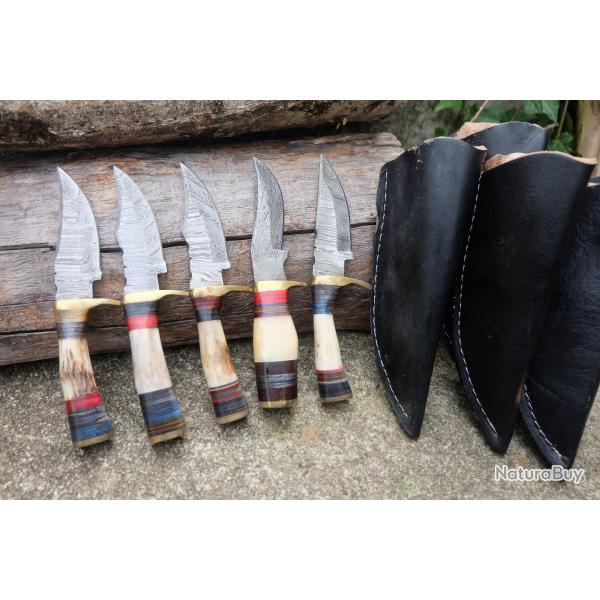LOT DE 5 Couteau Skinner Damas Lame 256 Couches Manche Os & Bois Cerf Fabric Artisanale Etui Cuir