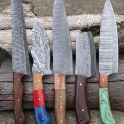LOT DE 5 Couteau De Cuisine Couteau de Chef Lame Acier Damas 256 Couches Fabrication Artisanale 001