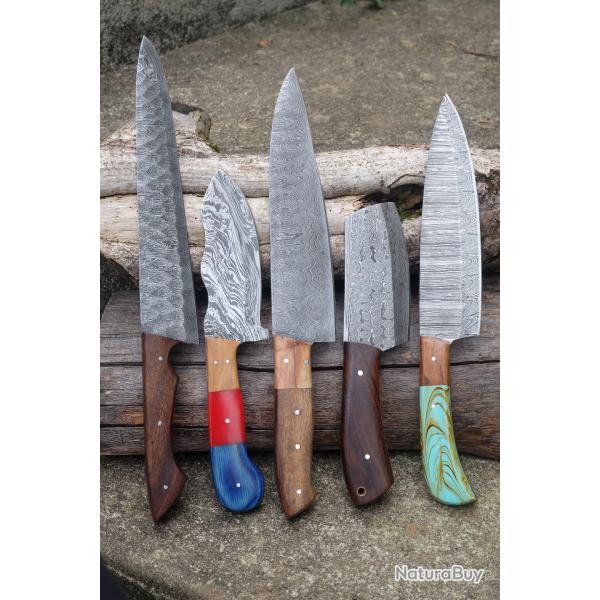 LOT DE 5 Couteau De Cuisine Couteau de Chef Lame Acier Damas 256 Couches Fabrication Artisanale 001