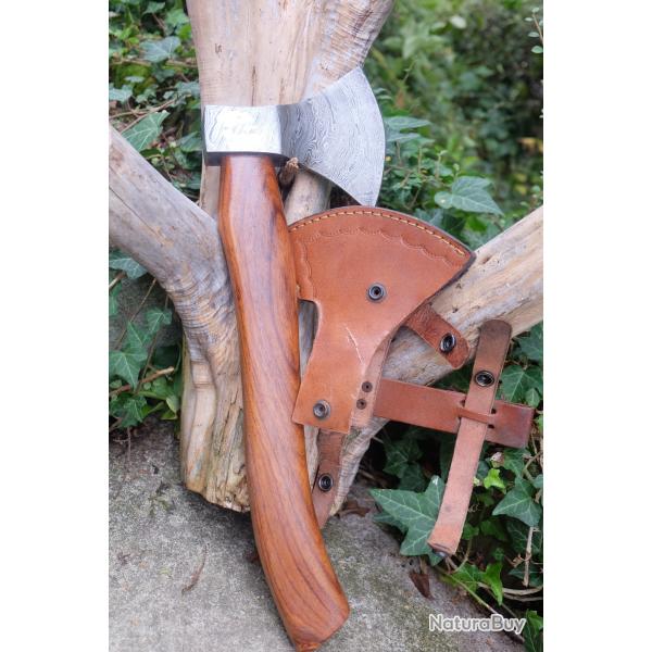 Hache Damas Hache de Jarl Viking Lame Acier Damas 512 Couches Manche Bois Etui Cuir Fabr Artisanale