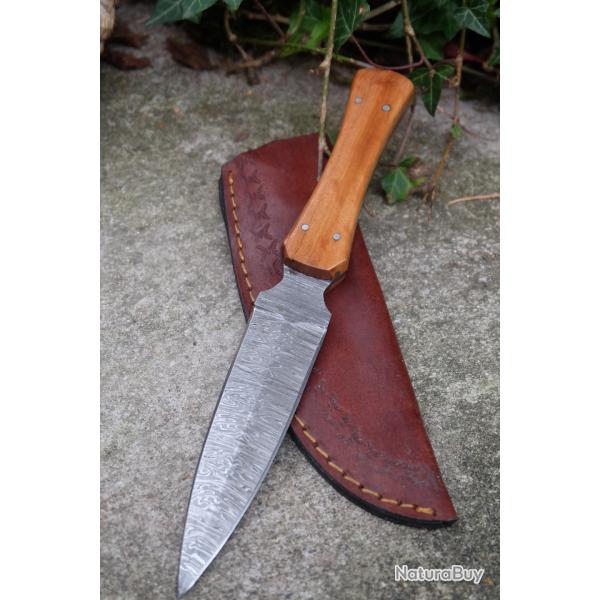 Couteau de Chasse Dague Damas Lame Acier 256 Couches Manche Bois Fabric Artisanale Etui Cuir 000