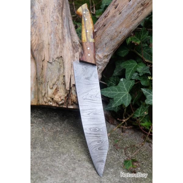 Couteau De Cuisine Style Japonais Lame Acier Damas 256 Couches Manche Bois Olivier Fab Artisanale