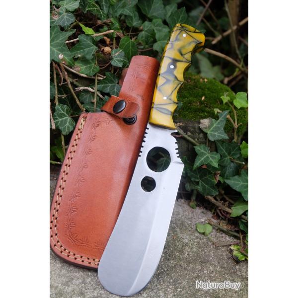 Couteau Campfire Lame Acier Carbone 1055 Manche Rsine Tiger tui Cuir Fabrication Artisanale