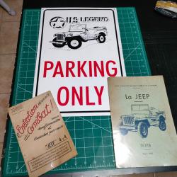 LOT JEEP WYLLIS, 2 NOTICES UNE DE 1947 ET PANCARTE RECENTE