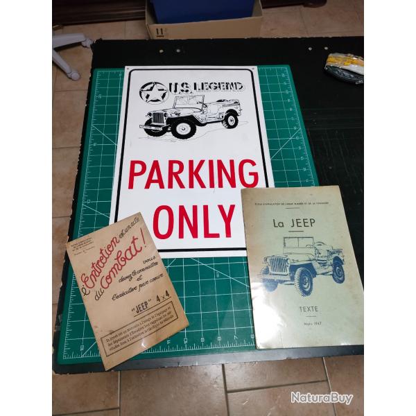 LOT JEEP WYLLIS, 2 NOTICES UNE DE 1947 ET PANCARTE RECENTE