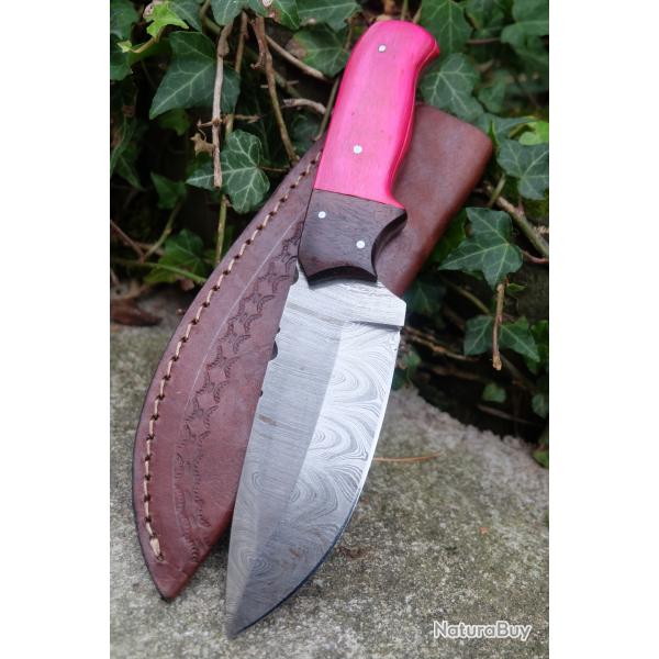 Couteau Bowie Damas Lame Acier 256 Couches Manche Bois Fushia Etui Cuir Fabric Artisanale