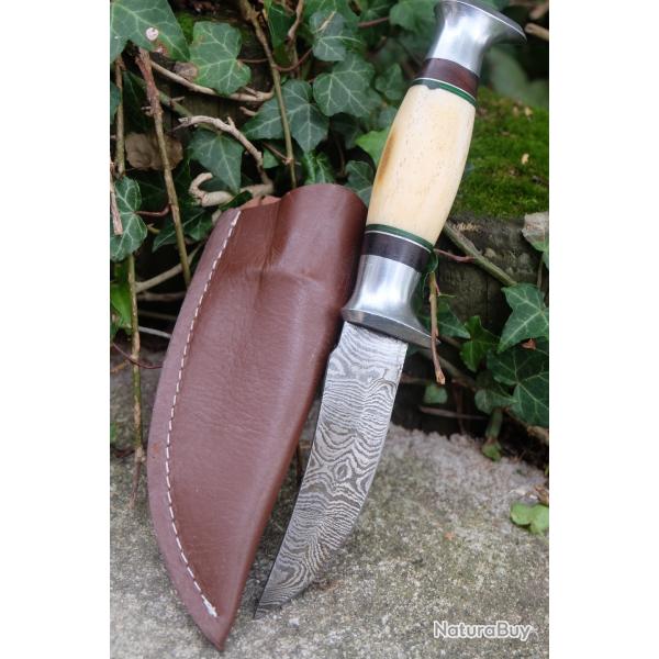 Poignard De Chasse Scout Lame Clip Point Acier Damas 256 Couches Manche Os Etui Cuir F Artisanale