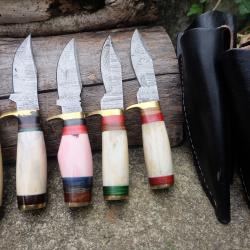 LOT DE 5 Couteau Skinner Damas Lame 256 Couches Manche Os Fabric Artisanale Etui Cuir