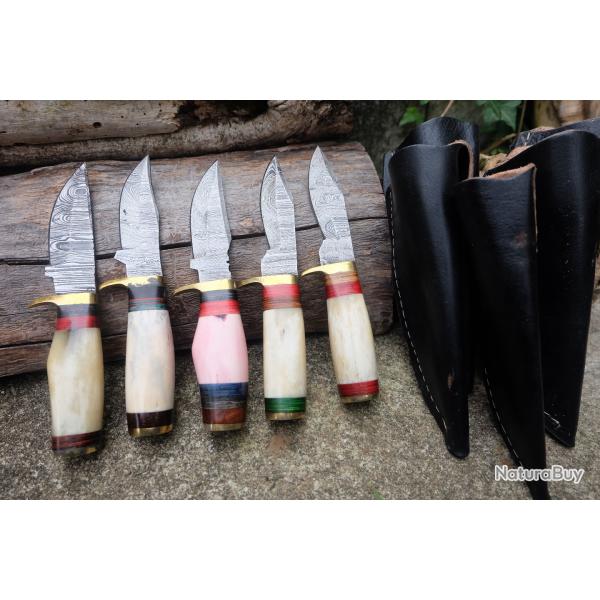LOT DE 5 Couteau Skinner Damas Lame 256 Couches Manche Os Fabric Artisanale Etui Cuir