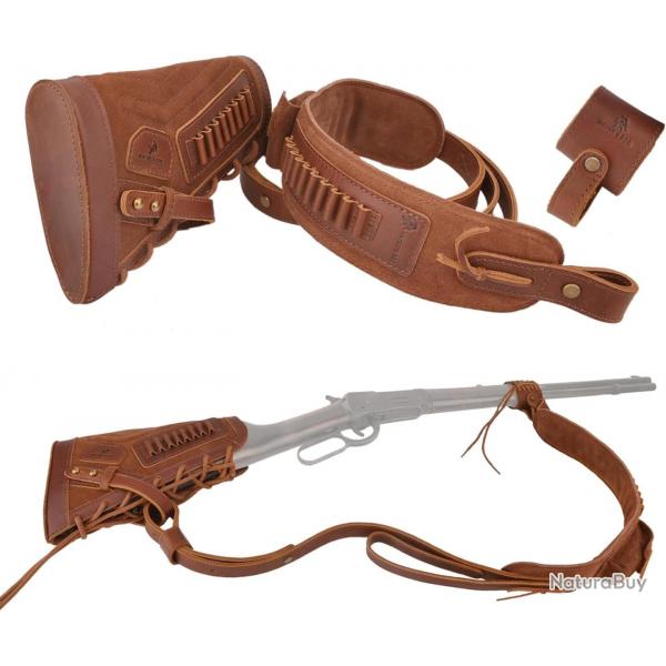 BRETELLE ET BUSC CARTOUCHIERE 22LR 17HMR - SANS PERCAGE - MARRON - DROITIER - LIVRAISON GRATUITE