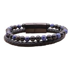 Bracelet Homme Cuir Noir Véritable & Pierres Naturelles Lapis Lazuli et Onyx Grade A - Stock France