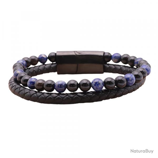 Bracelet Homme Cuir Noir Vritable & Pierres Naturelles Lapis Lazuli et Onyx Grade A - Stock France