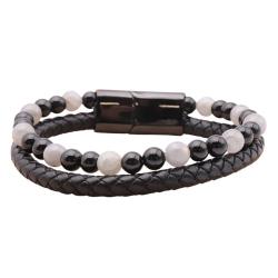 Bracelet Homme Cuir Noir Véritable & Pierres Naturelles Labradorite et Onyx - Grade A - Stock France