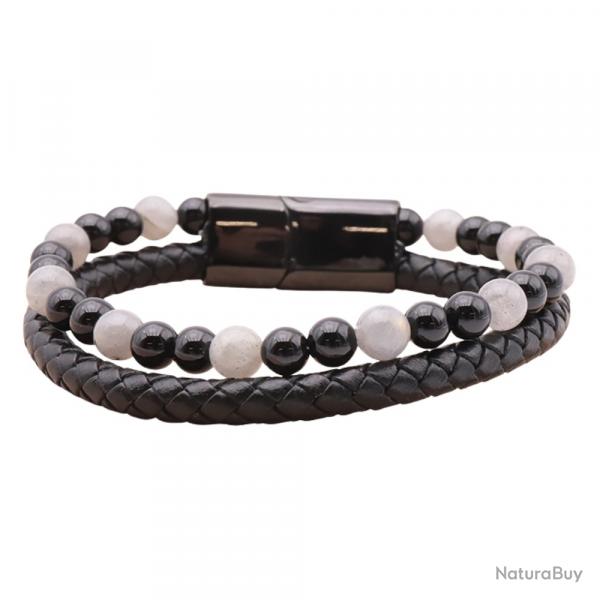 Bracelet Homme Cuir Noir Vritable & Pierres Naturelles Labradorite et Onyx - Grade A - Stock France