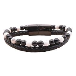 Bracelet Homme Cuir Noir Véritable & Pierres Naturelles Howlite et Onyx - Grade A - Stock France