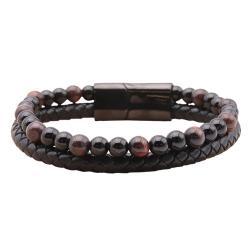 Bracelet Homme Cuir Noir Véritable & Pierres Naturelles il de Taureau et Onyx Grade A -Stock France