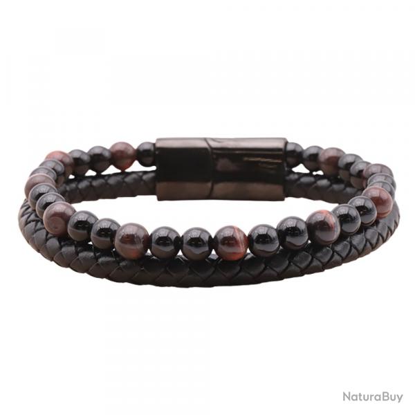 Bracelet Homme Cuir Noir Véritable & Pierres Naturelles Œil de Taureau et Onyx Grade A -Stock France