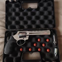 Revolver Lodge 6 pouces nickel brillant crosse noire 9 mm alarme