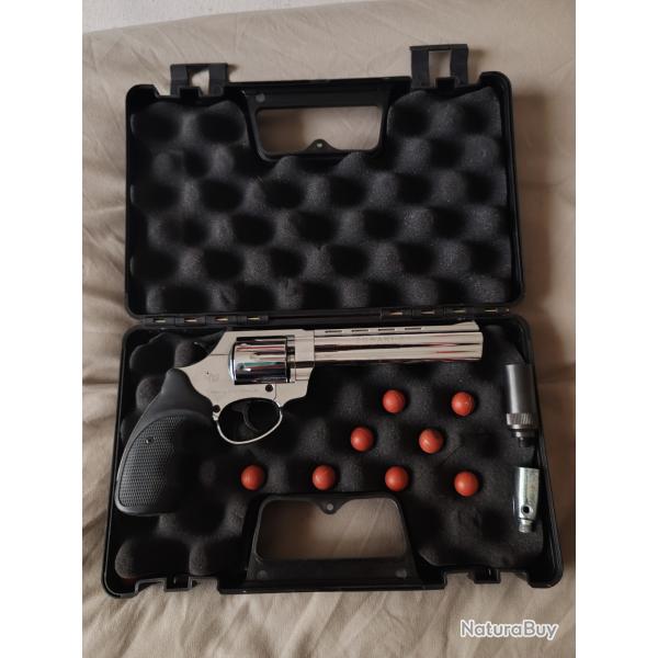 Revolver Lodge 6 pouces nickel brillant crosse noire 9 mm alarme