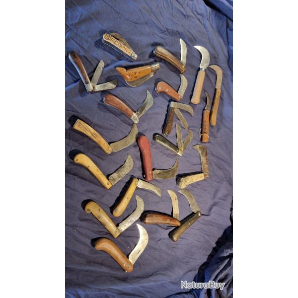 Lot de 20 couteaux serpette et couteaux de tapissier diverses matires bois, corne...