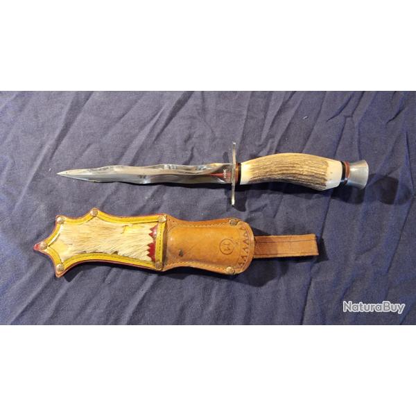 Poignard de chasse ou de vnerie - Lame serpent poigne bois de chevreuil avec tui cuir fantaisie