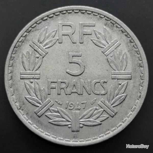 Monnaie France - 1947 B 9 ouvert - 5 francs Lavrillier Aluminium (Grade : TTB) - Ref N0375
