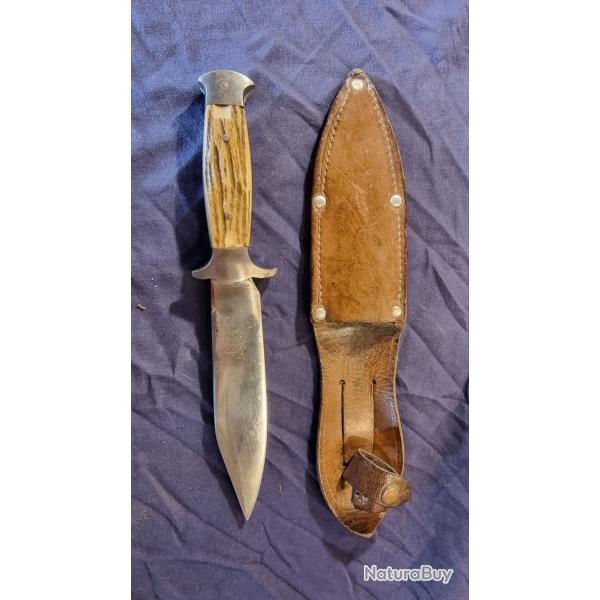 Couteau poignard de chasse ou de vnerie lame Les Deux Diables - Forg avec tui cuir
