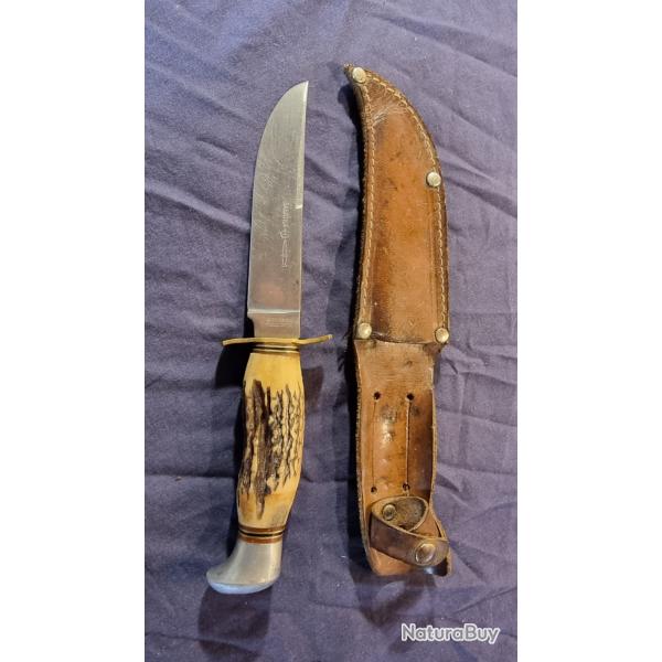 Poignard de type chasse lame marque SABATIER - poigne bois de cerf + tui cuir